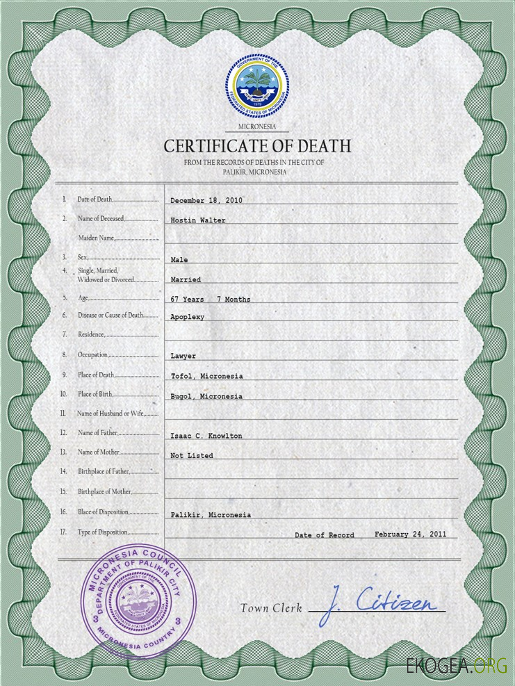 Modèle PSD de certificat de décès de l'état civil de Micronésie